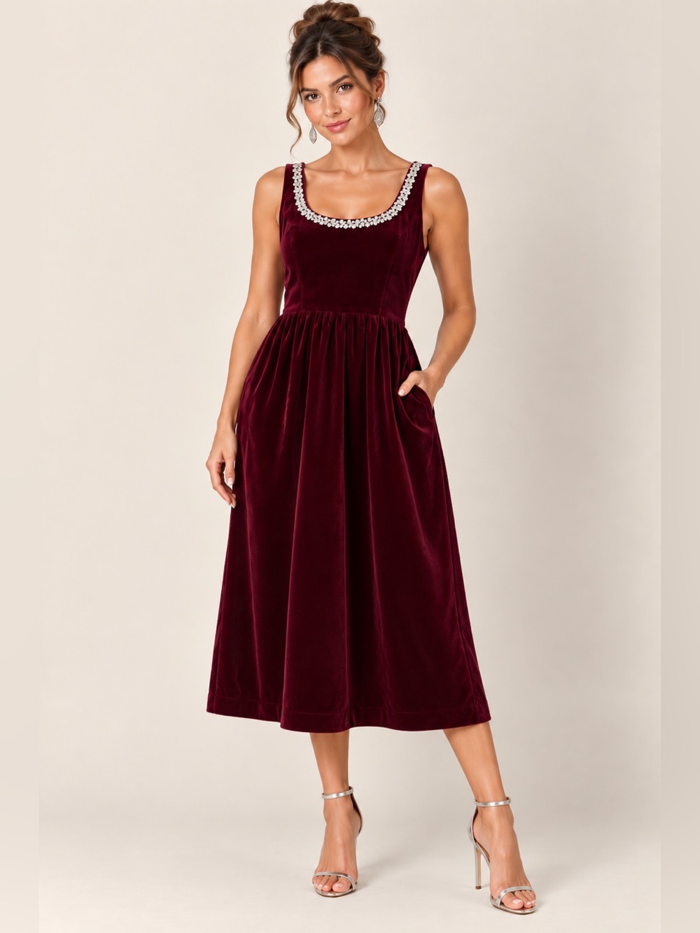 Sleeveless Burgundy Jewel-Trim Velvet midi Dress
